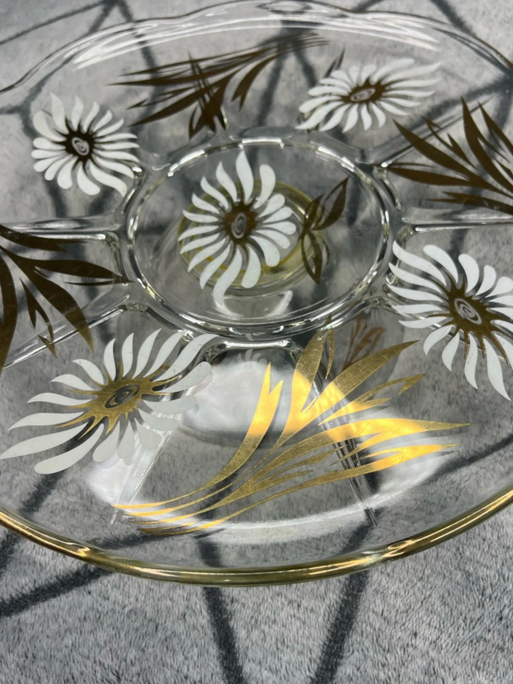 Vintage Mid-Century Glass Cake Stand White Daisy & Gold Floral Serving Plate